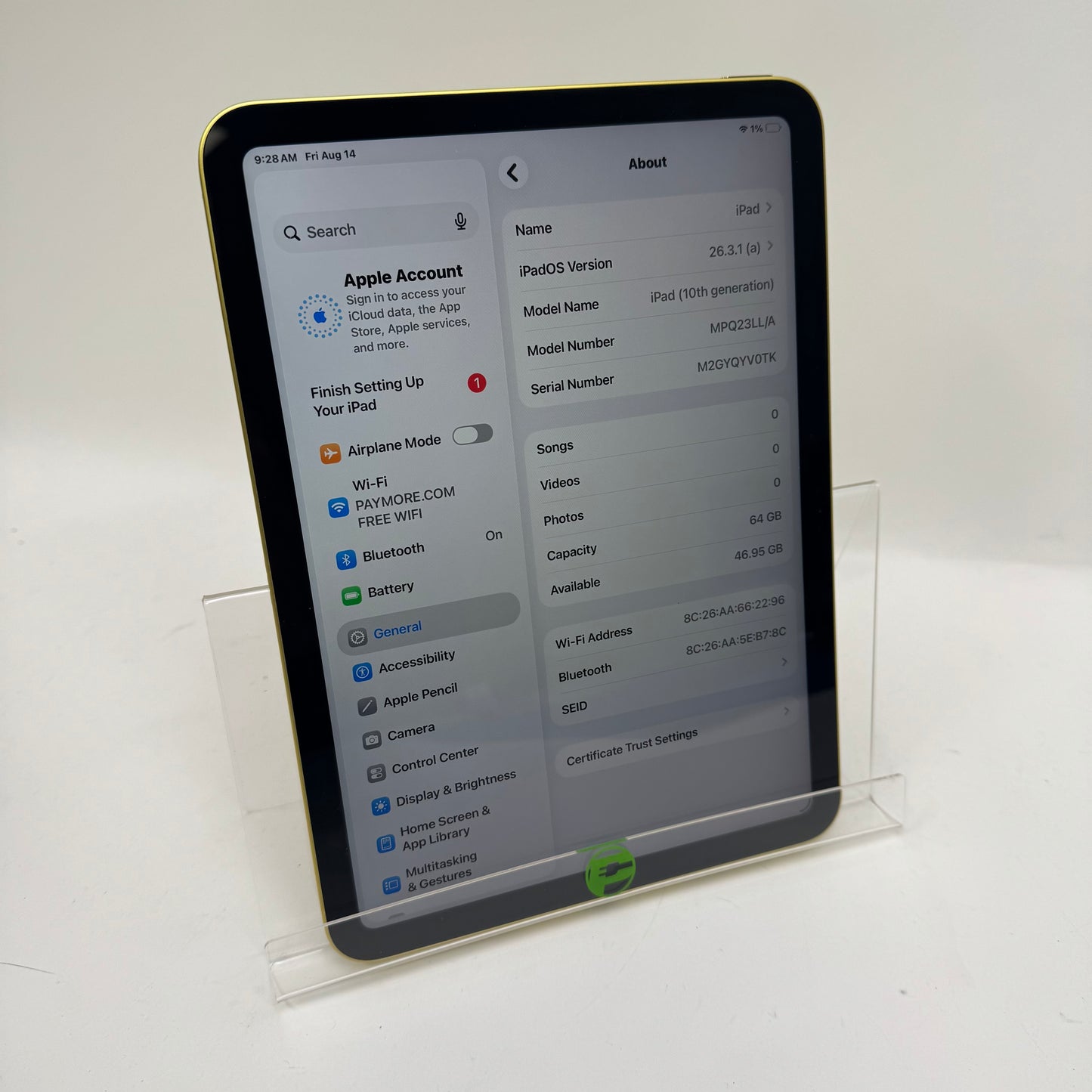 WiFi Only Apple iPad 10th Gen 64GB Yellow MPQ23LL/A