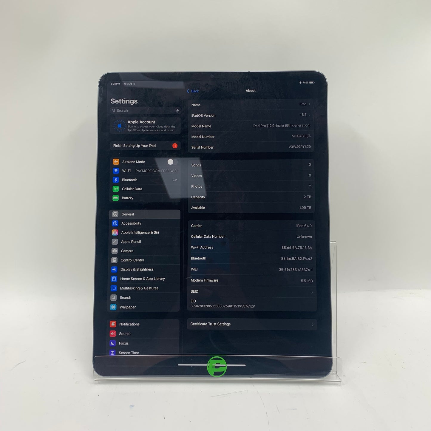 WiFi Only Apple iPad Pro 12.9" 5th Gen 2TB 18.5 Black MHP43LL/A