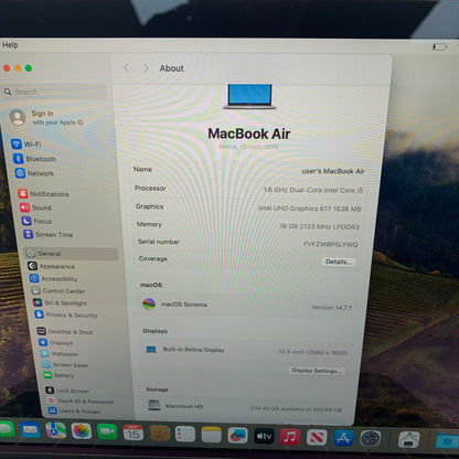 2019 Apple MacBook Air 13.3" i5 1.6GHz 16GB RAM 256GB SSD Silver A1932