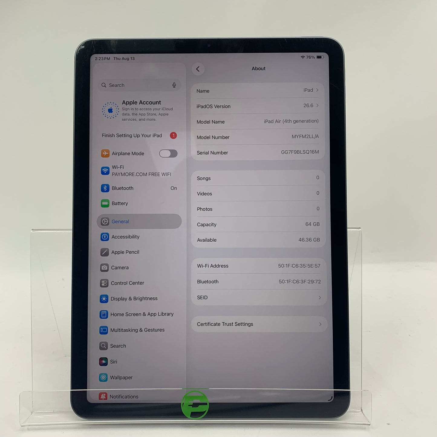 WiFi Only Apple iPad Air 4th Gen 64GB Space Black MYFM2LL/A