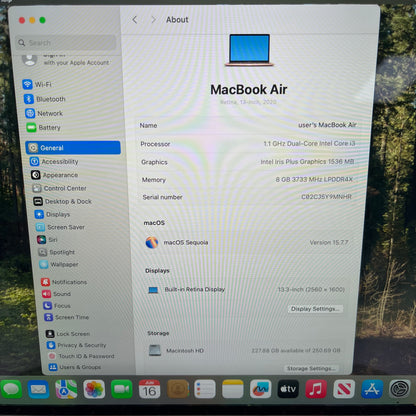 2020 Apple MacBook Air 13.3" i3 1.1GHz 8GB RAM 256GB SSD Gold A2179