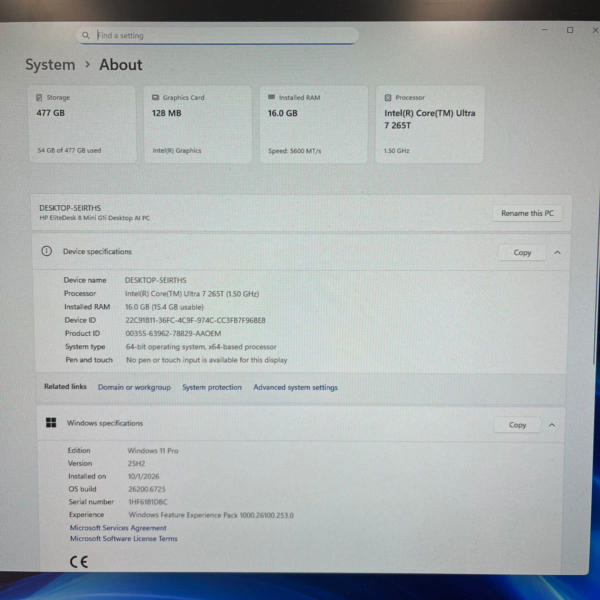HP EliteDesk 8 Mini G1i Core Ultra 7 265T 16GB RAM 512GB