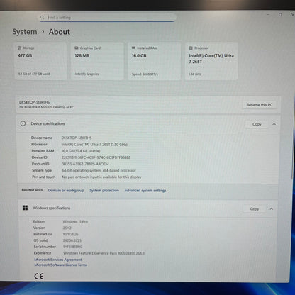 HP EliteDesk 8 Mini G1i Core Ultra 7 265T 16GB RAM 512GB